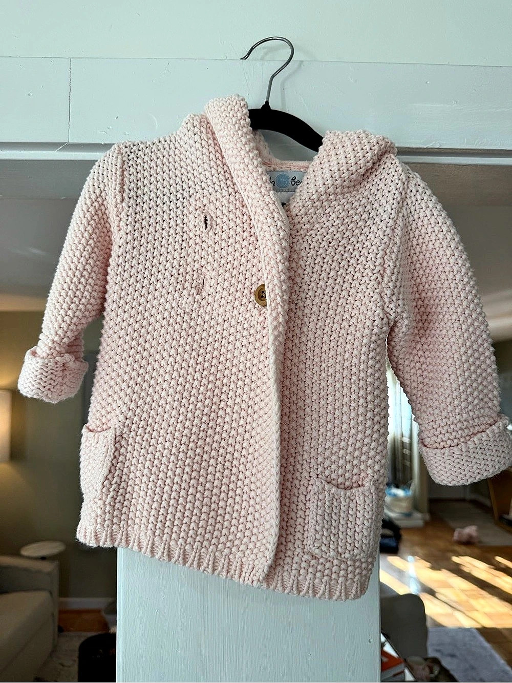 Beba Bean Knit Hoodie Baby Cotton Sweater Pink 6-12 Months